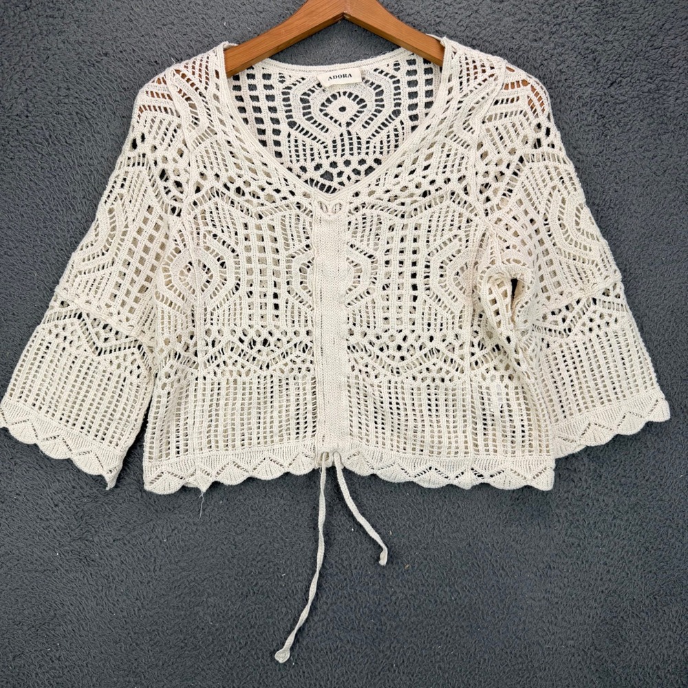 Adora‎ Womens Cream Cotton Crochet Open Knit Drawstring Hem Crop Top Cardigan